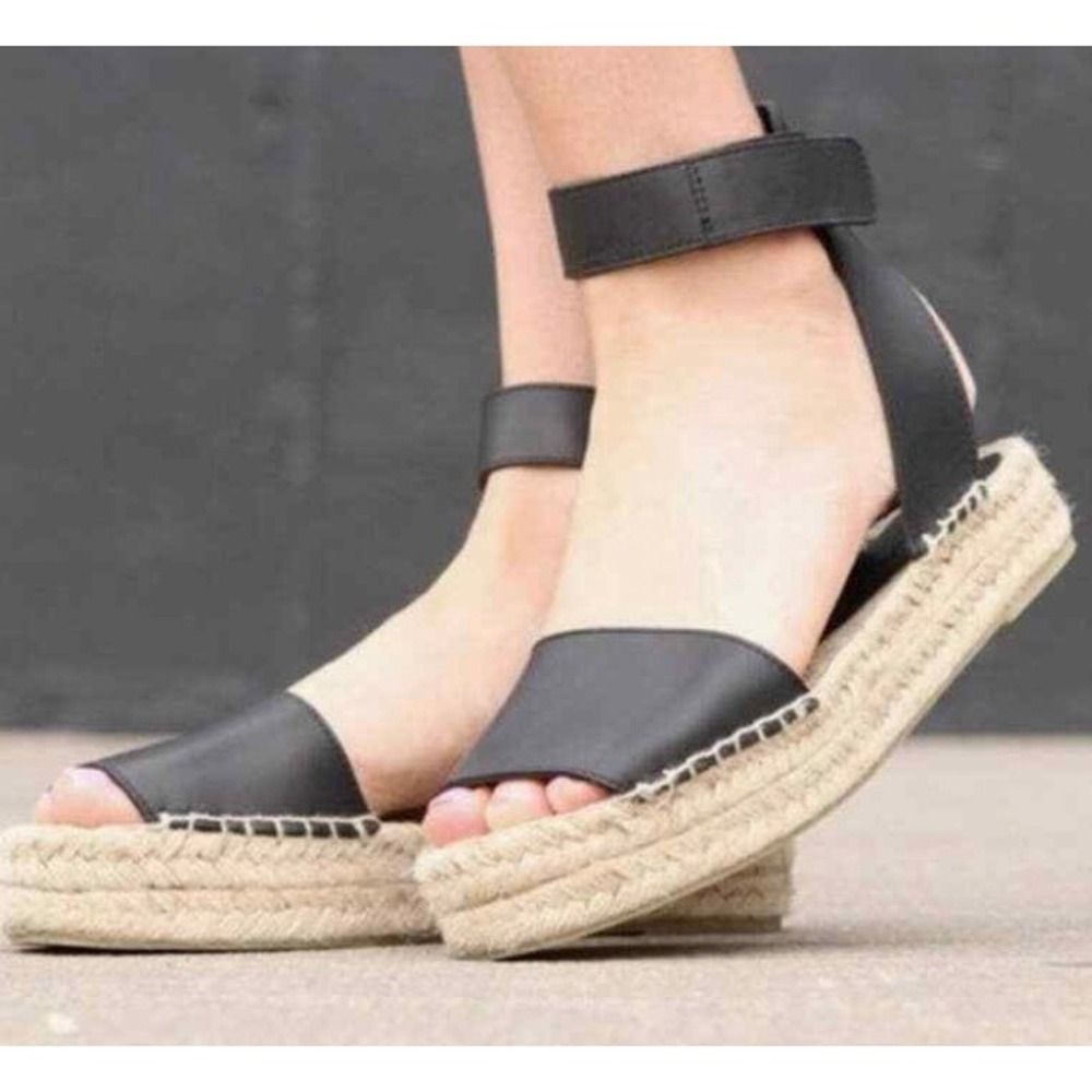 Vince Black Leather Ankle Strap Platform Espadrille Sandals Made in Spain 7M